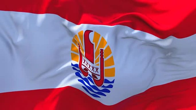法属波利尼西亚国旗迎风飘扬的慢动作动画。4K逼真的织物纹理旗帜平稳吹在一个刮风的日子连续无缝循环背景
