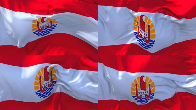 法属波利尼西亚国旗迎风飘扬的慢动作动画。4K逼真的织物纹理旗帜平稳吹在一个刮风的日子连续无缝循环背景