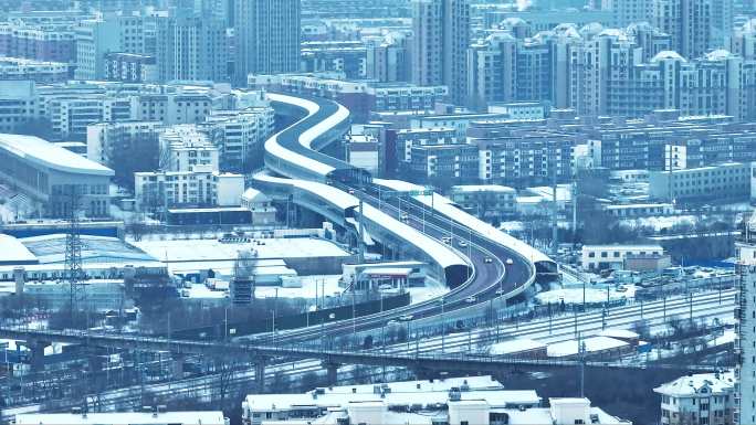 辽宁沈阳冬季雪天城市街道马路航拍