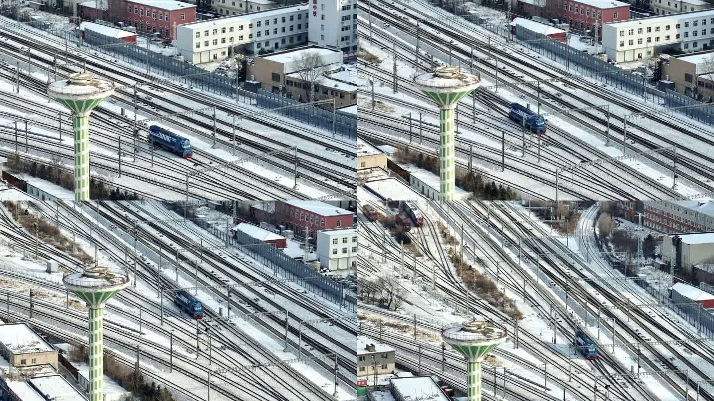 中国东北火车头行驶在雪地中的特写