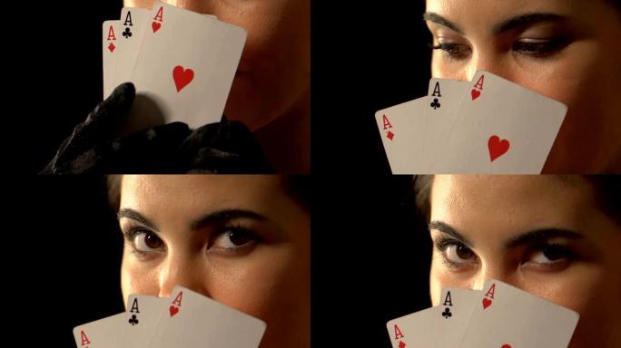 美女躲在背后三个王牌扑克组合，胜利概念