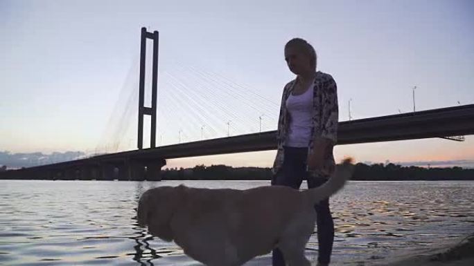 美丽的女孩带着狗沿着河边散步