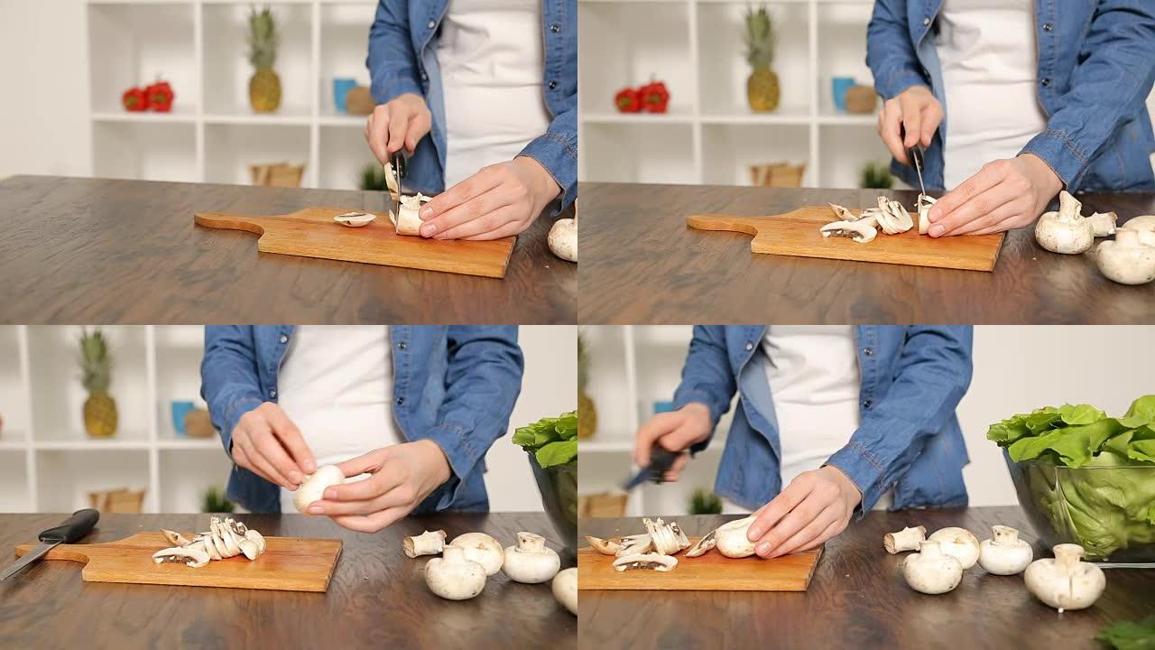 用刀切开蔬菜的手切菌类切香姑食材