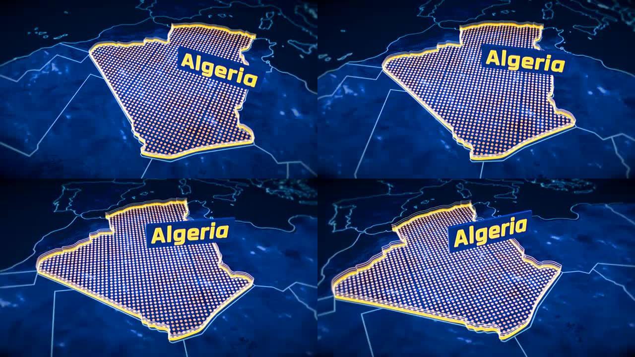 阿尔及利亚国家边界三维可视化，现代地图轮廓，旅行