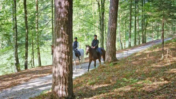 三个人在森林中享受轻松的骑马之旅