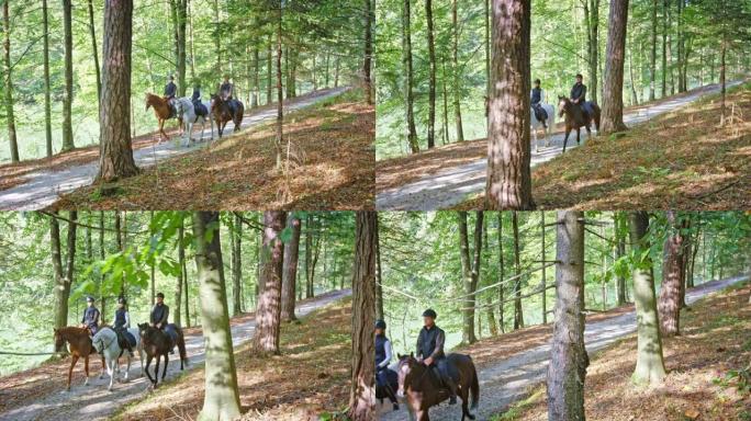 三个人在森林中享受轻松的骑马之旅