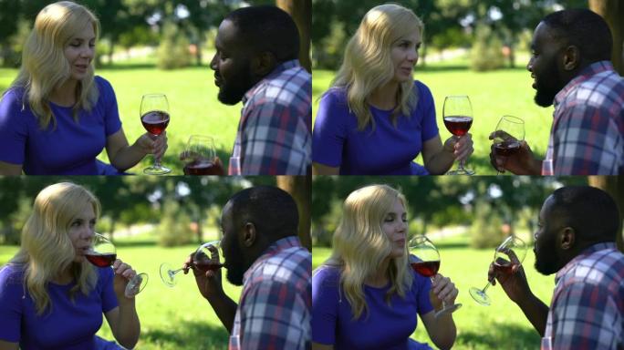 情侣在公园碰杯，喝红酒，放松，户外约会