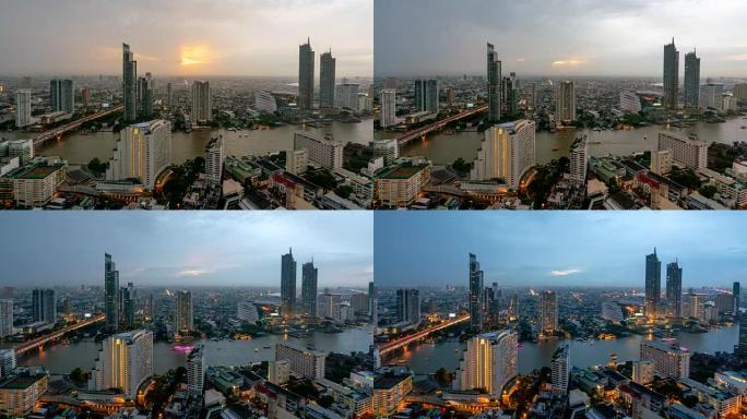 泰国曼谷湄南河曼谷市中心的曼谷天际线全景和摩天大楼日夜日落。