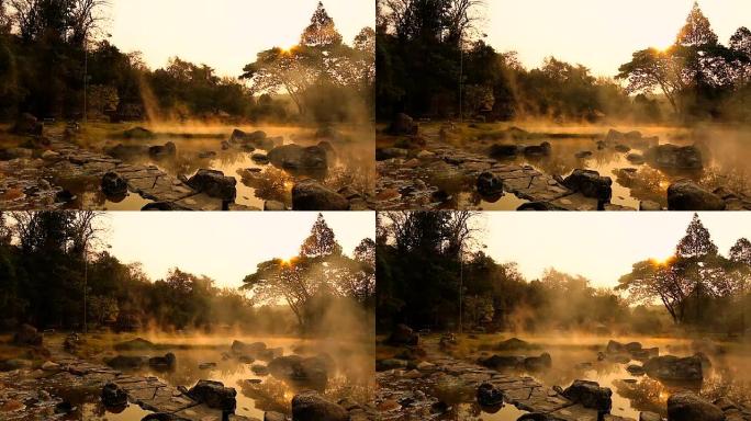 火山天然温泉矿泉池，蒸汽水疗和阳光反射光线，旅游地标背景，南邦泰国景观，彩色深色色调