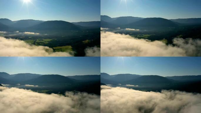 空中镜头美丽的自然挪威在云层上。