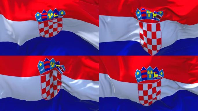 克罗地亚国旗迎风飘扬的慢动作动画。4K逼真的织物纹理旗帜平稳吹在一个刮风的日子连续无缝循环背景。