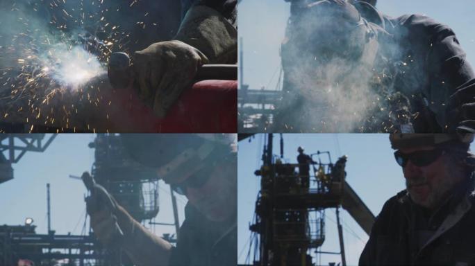 一名60多岁的男性油田工人的慢动作镜头，将两根管道焊接在一起，火花在井架旁飞舞，然后在晴天拉起焊接面