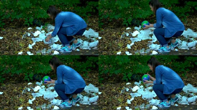 有爱心的年轻女子从塑料垃圾填埋场森林中获取地球星球，生态