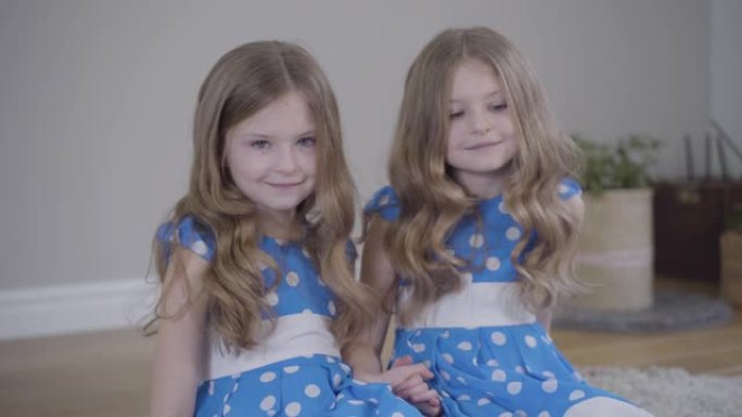 两个迷人的黑发小女孩看着相机微笑的肖像。穿着类似衣服的高加索双胞胎姐妹在家里摆姿势。幸福，生活方式，