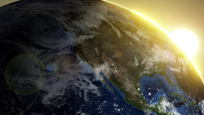 从太空旋转地球。美国上空的日出图像。