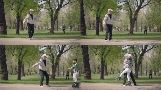 可爱的男孩穿着鲜艳的衣服在公园里溜冰，他的祖父走近。
