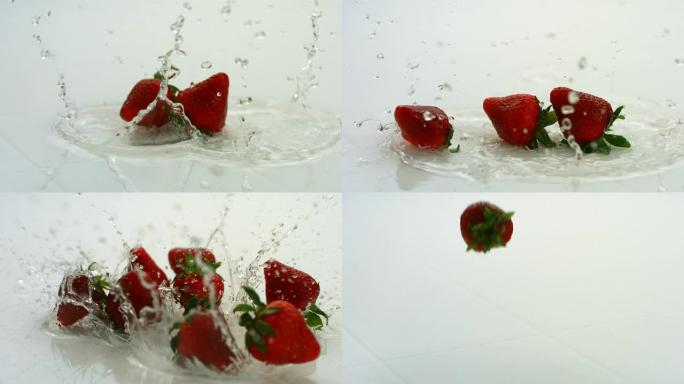 草莓飞溅，慢动作清澈水滴溅落