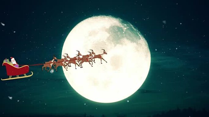 飞行圣诞老人MG动画动态视频晚上圆月