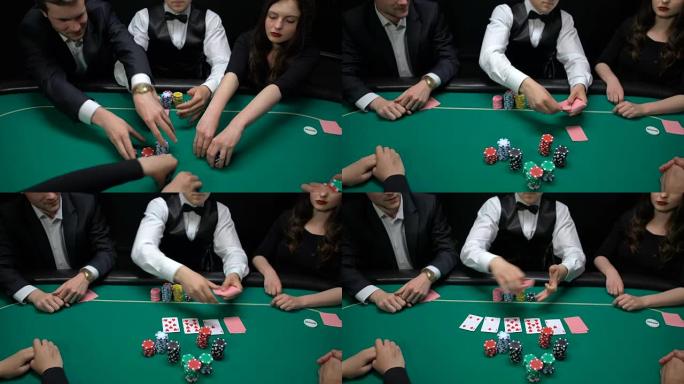 玩家投注和扑克经销商在赌场桌上打开社区卡