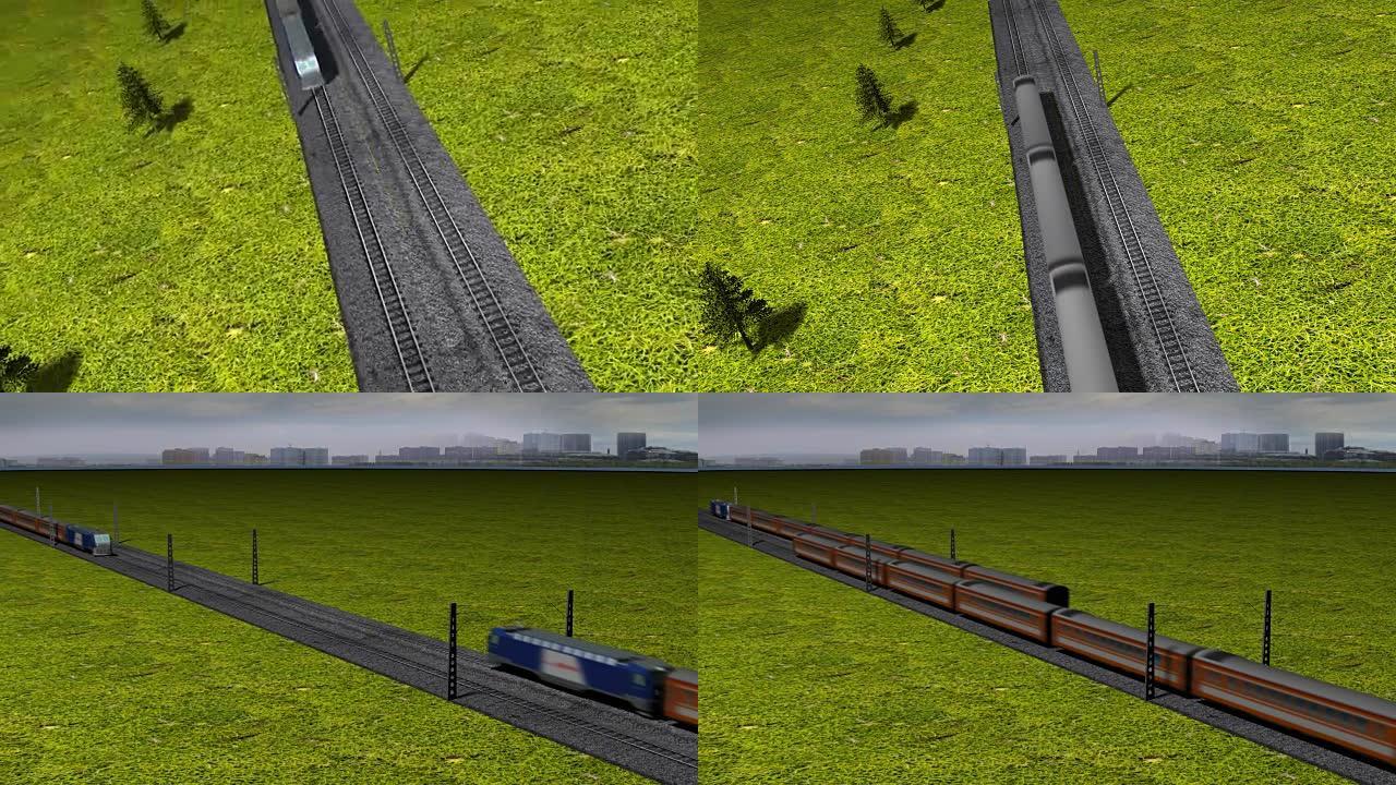 电脑3D动画列车，在铁路上超速行驶