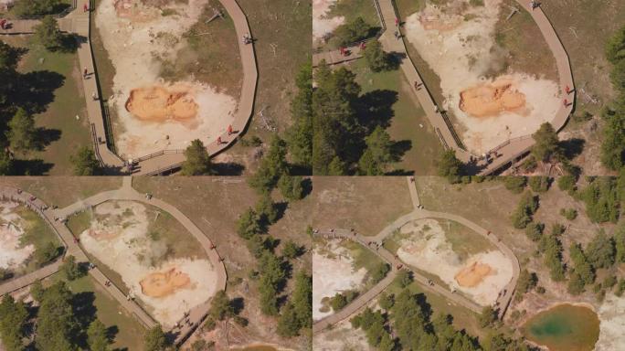 黄石国家公园沸腾泥浆池周围路径的鸟瞰图