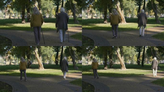 两位老太太在公园散步，老人疗养院，休闲