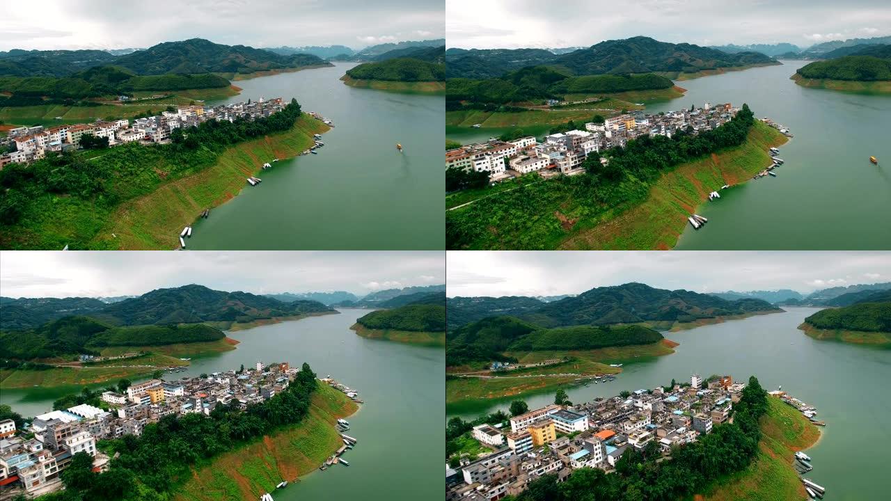 中国贵州万丰湖鸟瞰图。