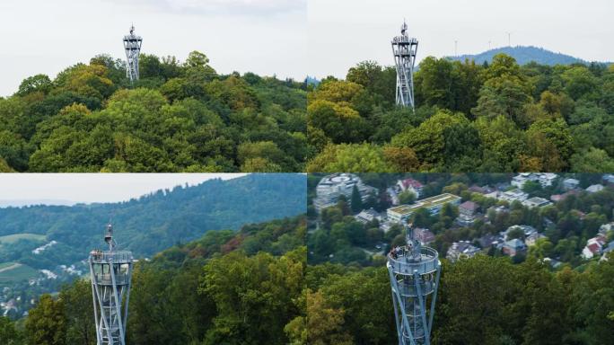 空中无人机拍摄了弗莱堡附近一座小山上的一座观察塔
