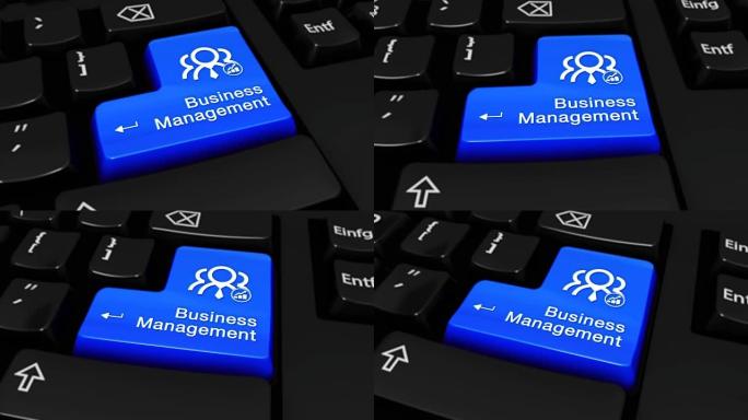 业务管理在现代计算机键盘上的蓝色输入按钮上移动运动，带有标记的文本和图标。选定的聚焦键是按动画。企业