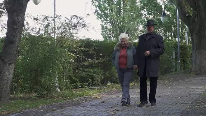 老年快乐男女在公园散步