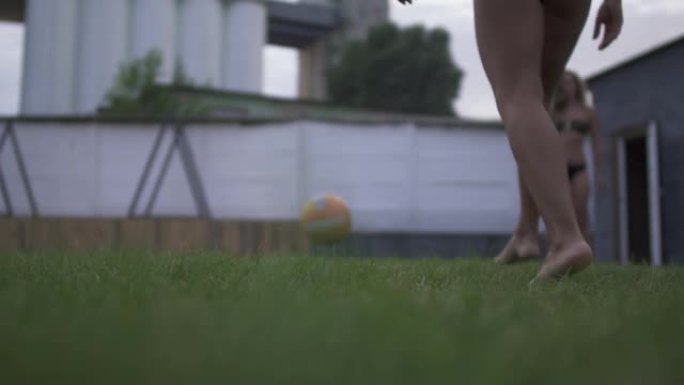 两个穿着比基尼的女友在绿色草坪上被球踢了一脚。其余两个穿着泳衣的性感女友。