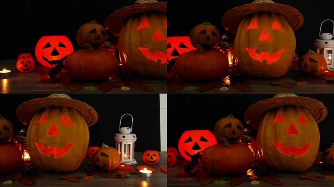 木制背景上的万圣节南瓜头杰克灯笼