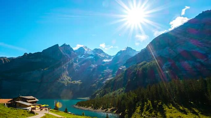 4k延时: 瑞士伯尔尼高地坎德斯特格附近的Oeschinen湖和阿尔卑斯山