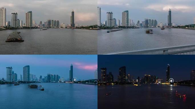 曼谷城市景观Chao Praya河一侧的4k超流，从晚上到晚上都有各种旅行船航行