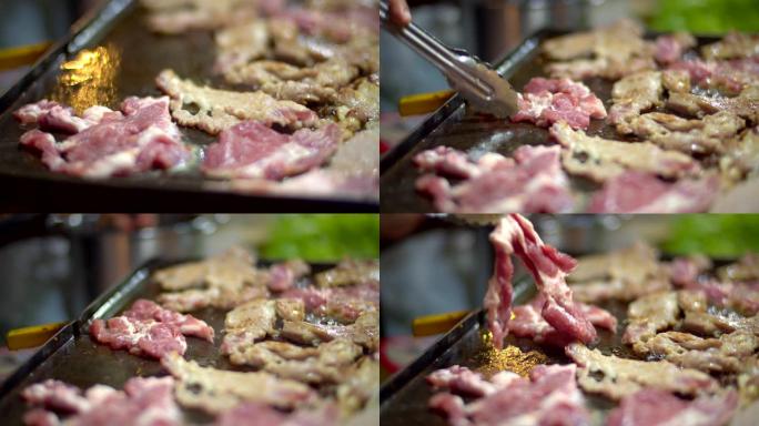 烤架上的牛肉牛排特色美食菜展示