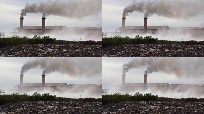 工业和污染概念，晚上农村烟囱厂的4k镜头