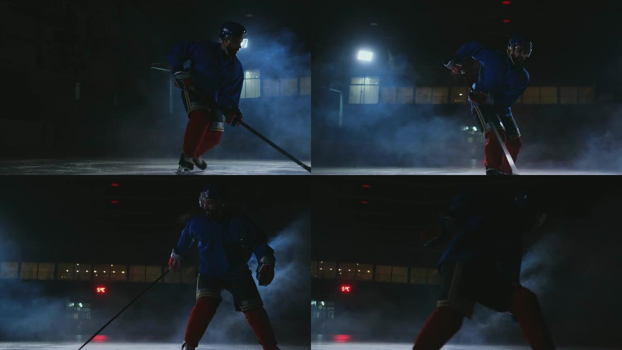 男子冰球运动员在冰上以冰球的形式离开，手里拿着一根棍子走出黑暗，直视镜头