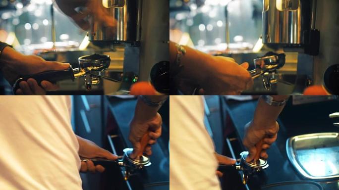 咖啡师用咖啡研磨机制作研磨咖啡。