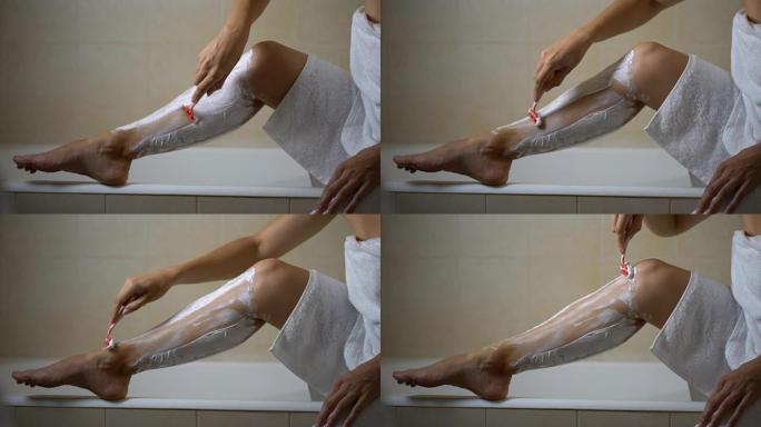 女性用毛巾刮腿，日常洗浴美容，护肤