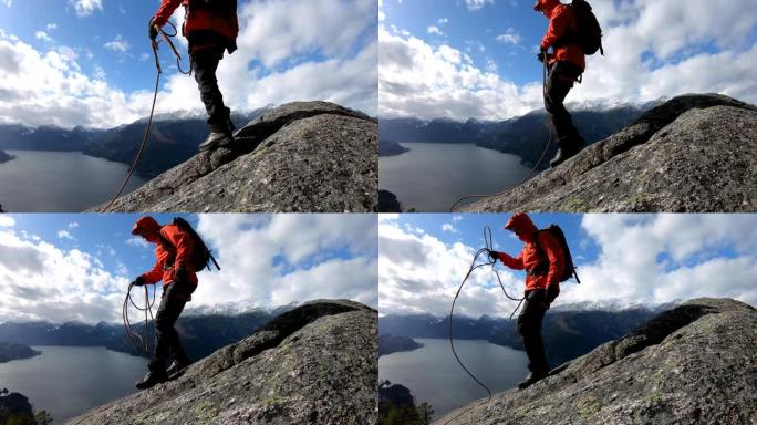 登山者用攀岩绳攀登花岗岩山脊