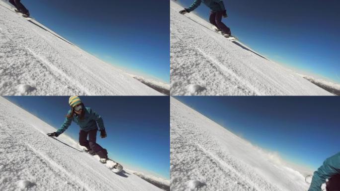 超级慢动作: 女滑雪者在滑雪坡上雕刻