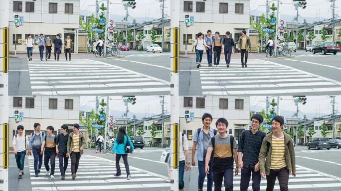 五名日本学生过马路上大学
