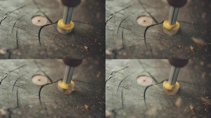 木材工业-DIY-人在木材中钻孔。