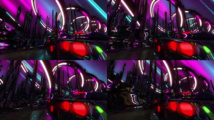霓虹灯隧道中的汽车停车灯特写，音乐视频背景