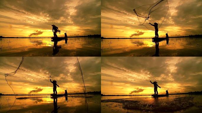 高清: 剪影亚洲渔民在木船上撒网，在日出前的清晨在自然河中捕捞淡水鱼