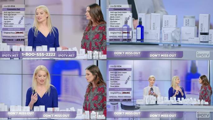 美国信息电视蒙太奇: 女人在女主持人和模特的帮助下在信息电视节目中展示化妆品线