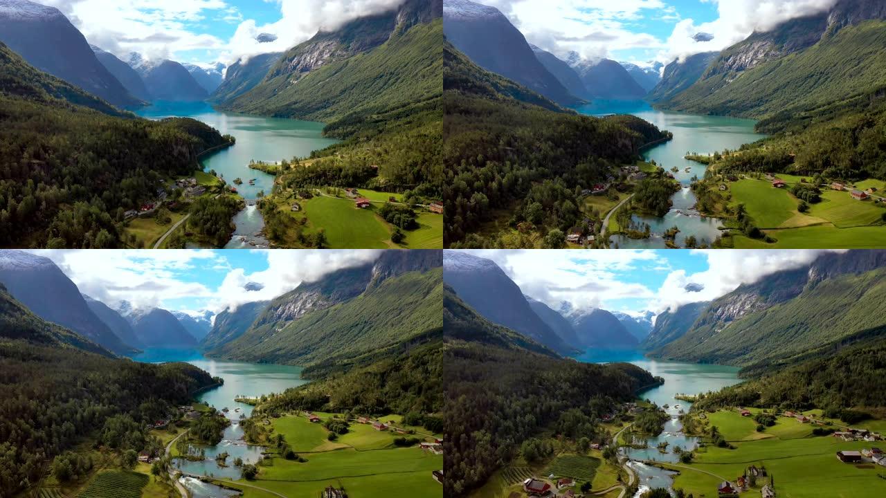 美丽的自然挪威自然景观。航拍镜头lovatnet湖洛达尔谷。