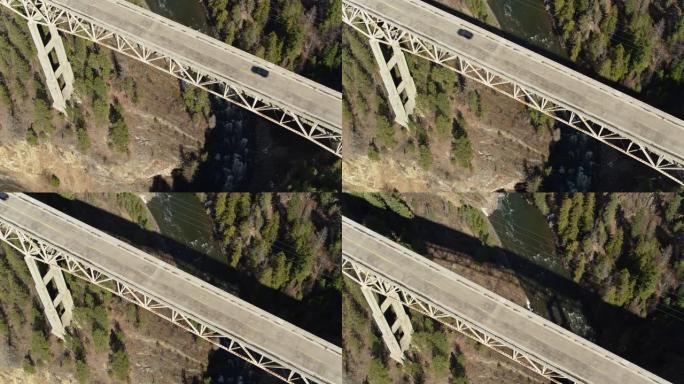 自上而下的无人机在Moyie河峡谷大桥上飞行