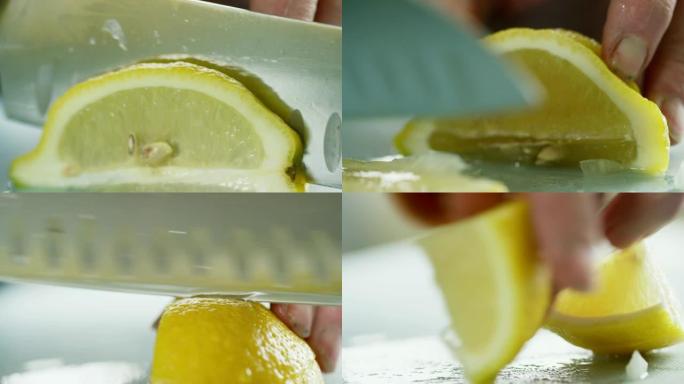 一位年长的白人妇女用菜刀在砧板上切成柠檬