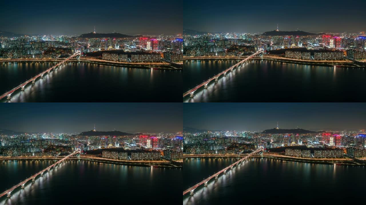 从Yeouido商业区到韩国首尔市N首尔塔的穿越汉江的桥梁的延时夜景